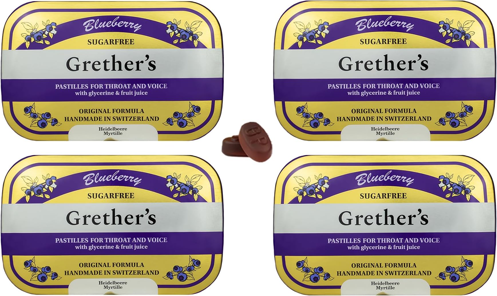 GRETHER'S Sugarfree Blueberry Pastilles – Premium Swiss Throat Lozenges for Dry Mouth & Throat Comfort – Intense Fruit Flavor – Gluten & Lactose Free – Gift for Singers – 3.75 oz, 4 Pack