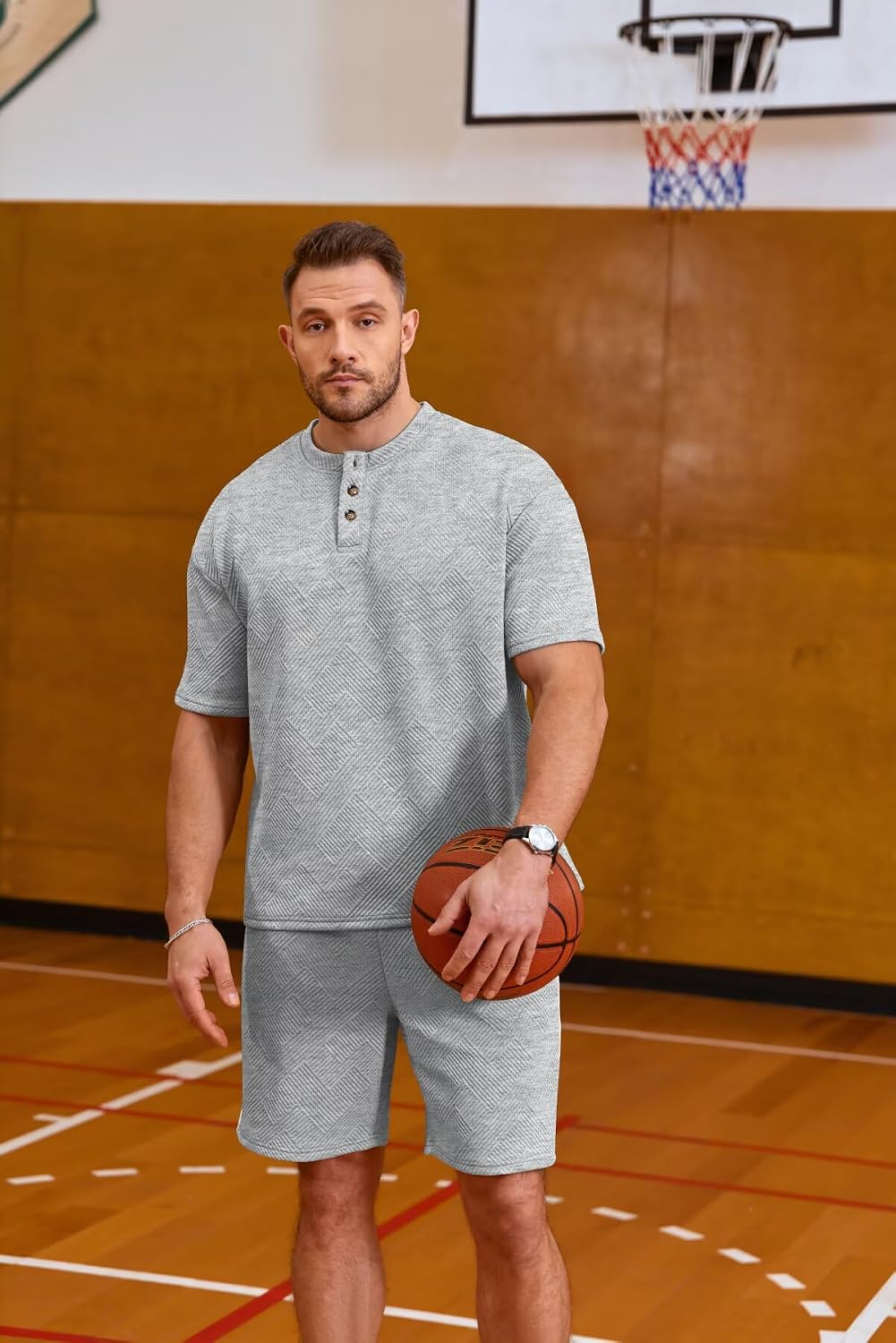 Men's 2 Pieces Outfits Short Sets Henley Shirt and Bottom Summer Jacquard Tracksuits Jogging Matching Set