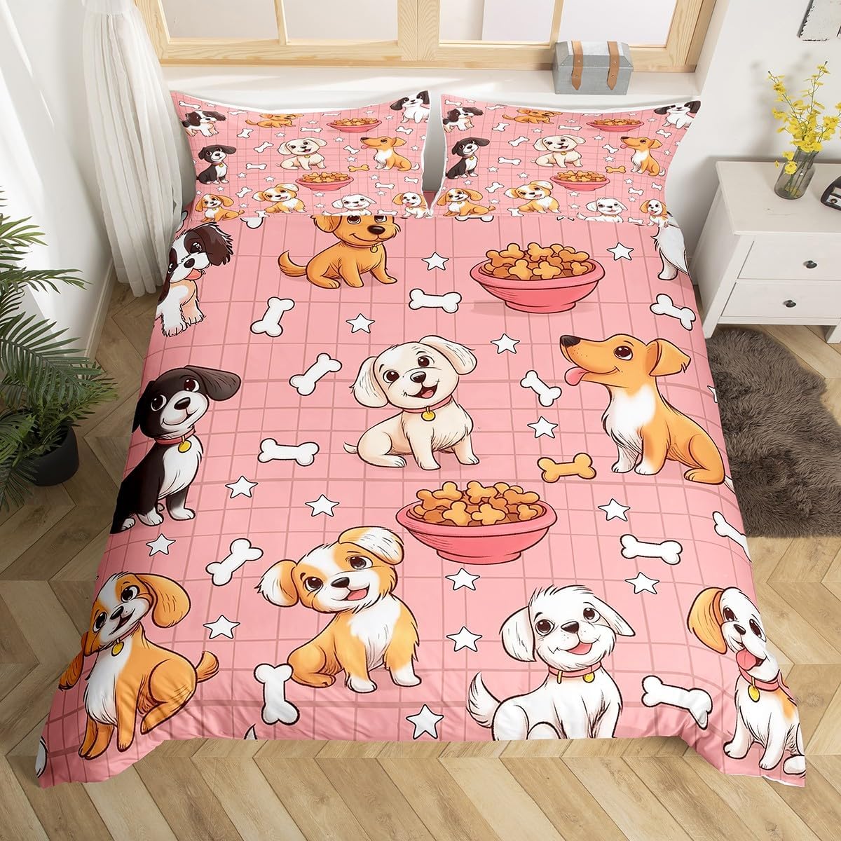 Cartoon Dogs Bedding Set Toddler Size 2 Pcs,Cute Puppy Kawaii Animals Decor Duvet Cover for Kids Girls Teens,Bone Stars Graffiti Pink Grid Comforter Cover with 1 Pillowcase,No Comforter