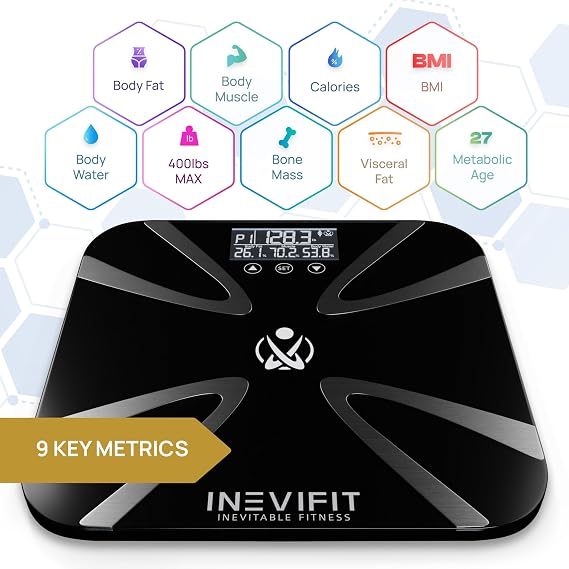 INEVIFIT Body Fat Scale, Highly Accurate Digital Bathroom Body Composition Analyzer, Measures Weight, Body Fat, Water, Muscle, BMI, Visceral Levels & Bone Mass for 10 Users. Includes Batteries.