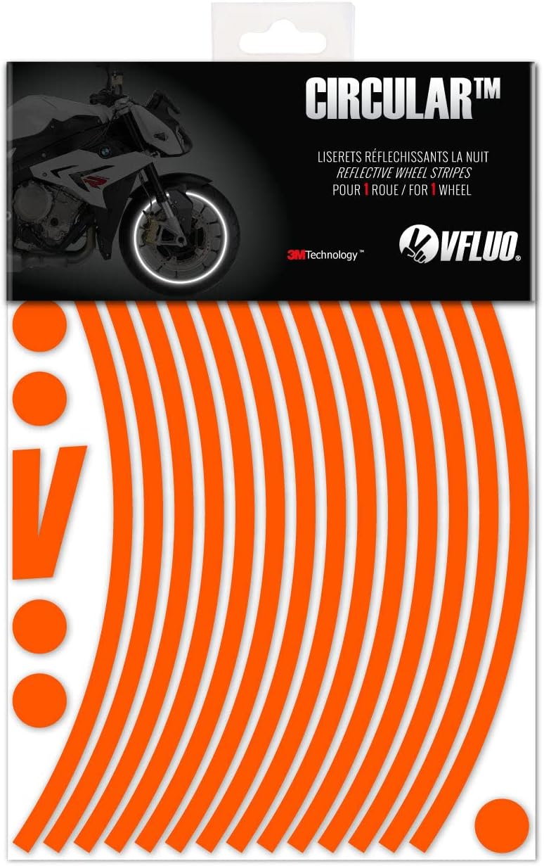 VFLUO - Motorcycle Reflective Wheel Stripes kit, 1 Wheel Rim Stickers Pack, 3M Technology™ - High lateral Visibility, Discreet and Design, Easy Installation