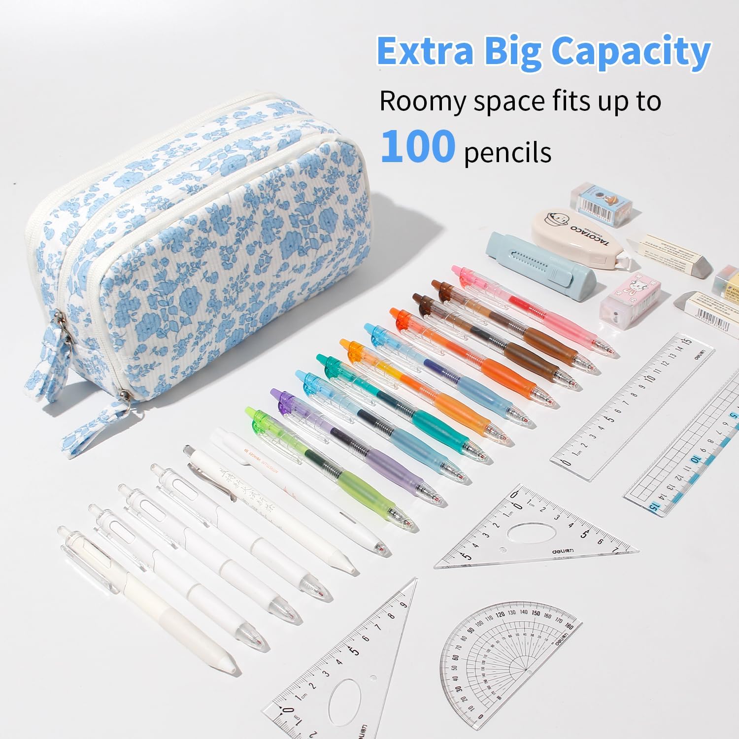 Big Capacity Pencil Case Pen Pouch Corduroy Pencil Bag Multiple Pockets Sturdy Zipper Cute School Supplies Pen Bag Organizer For Girls Kids (C Embroidered flowers) - Image 3