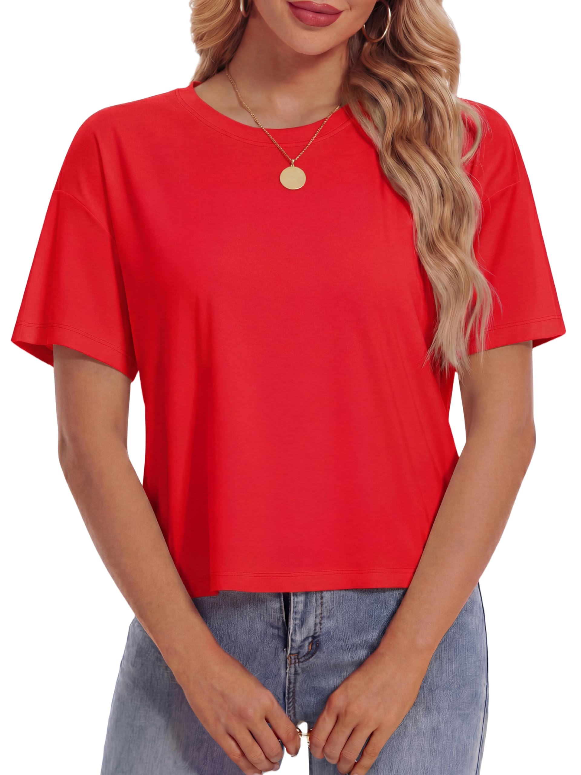 YUCOLEN Women's Crop Tops Summer Short Sleeve Cotton UPF 50+ Round Neck Casual Loose Cropped T-Shirts Solid Basic Tees