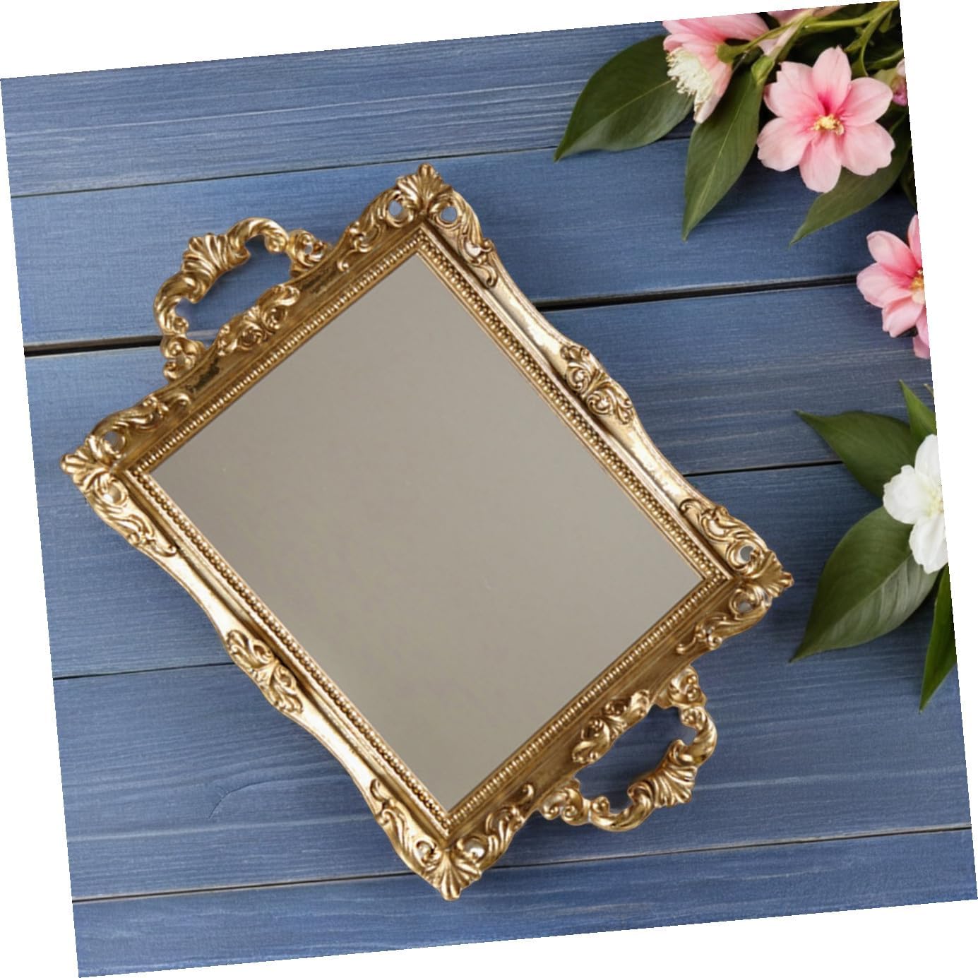 Retro Carved Mirror Tray Golden Resin Makeup Mirror Plate Cosmetics Storage Organizer Nordic Style Decorative Vanity Tray for Wedding and Home Décor