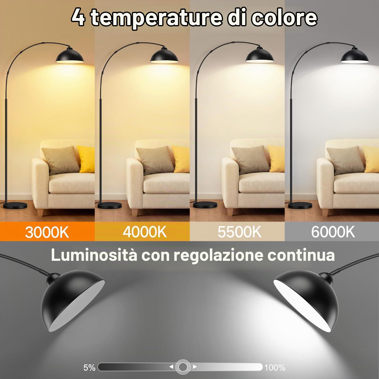 OUTON Lampada ad arco, lampada da terra LED dimmerabile, Nero | 4 temperature di colore, lampada da terra per soggiorno, camera da letto, ufficio