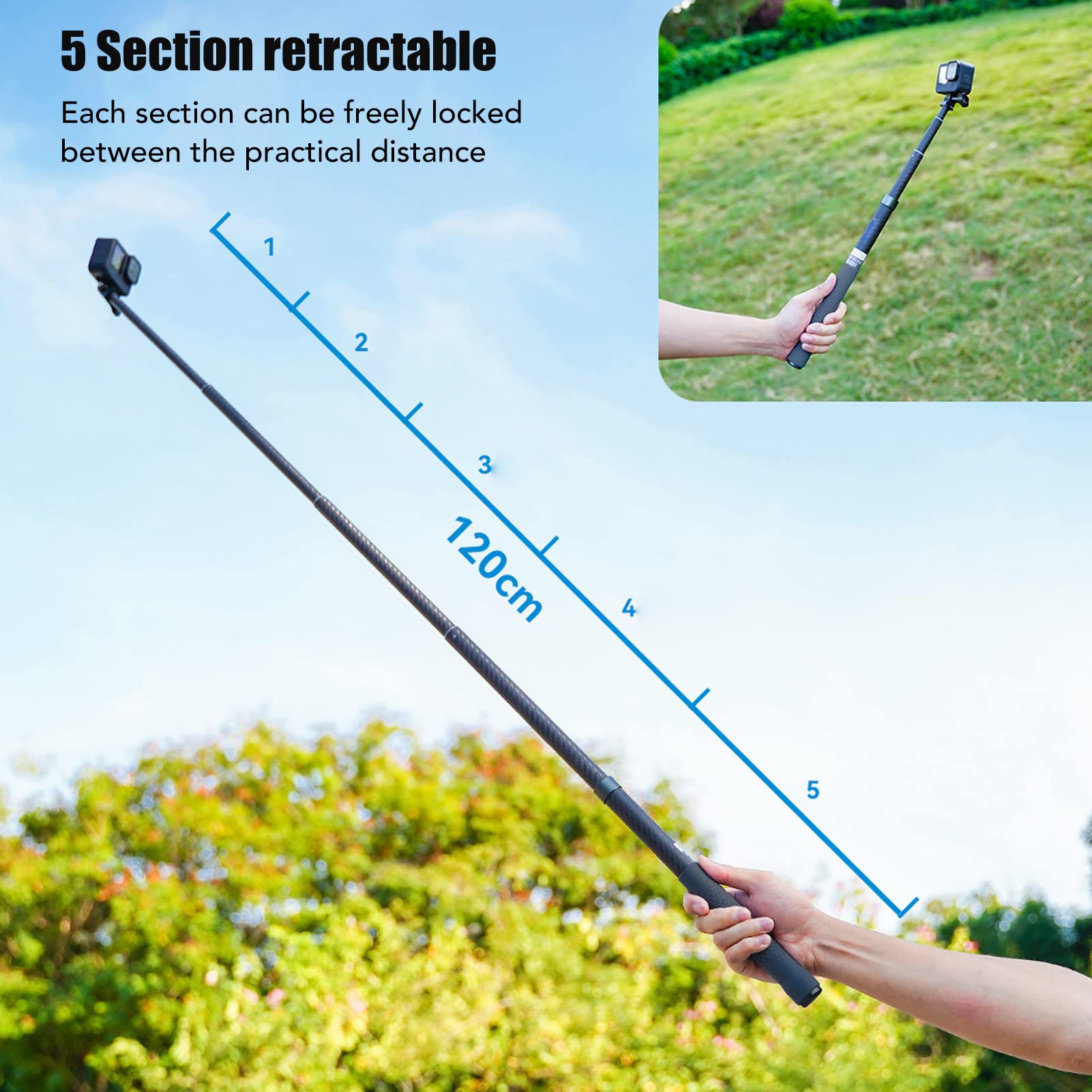 Perche à Selfie 120 Cm, Monopode D'extension Léger et étanche en Fibre de Carbone, Perche à Selfie Portable Rétractable à 5 Sections, Port fileté 1/4 pour Caméra Panoramique