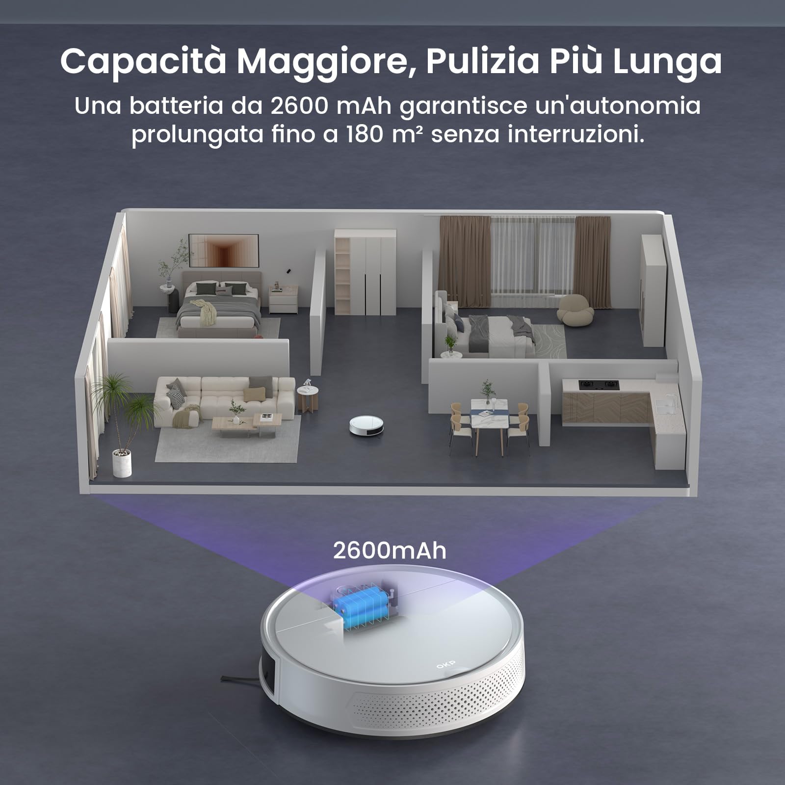 OKP K5P Robot Aspirapolvere, 5000Pa, 180 Minuti, WiFi/App, Design Sottile, Auto-Ricarica, Silenzioso, Perfetto per Pavimenti Duri, Peli di Animali, Tappeti