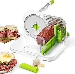 Starfrit Fatiador de delicatessen – fatias de carne, queijo, pão – lâmina de aço inoxidável de 16,5 cm – puxador de espessura ajustável – encaixável para fácil armazenamento | Descascador de alho de