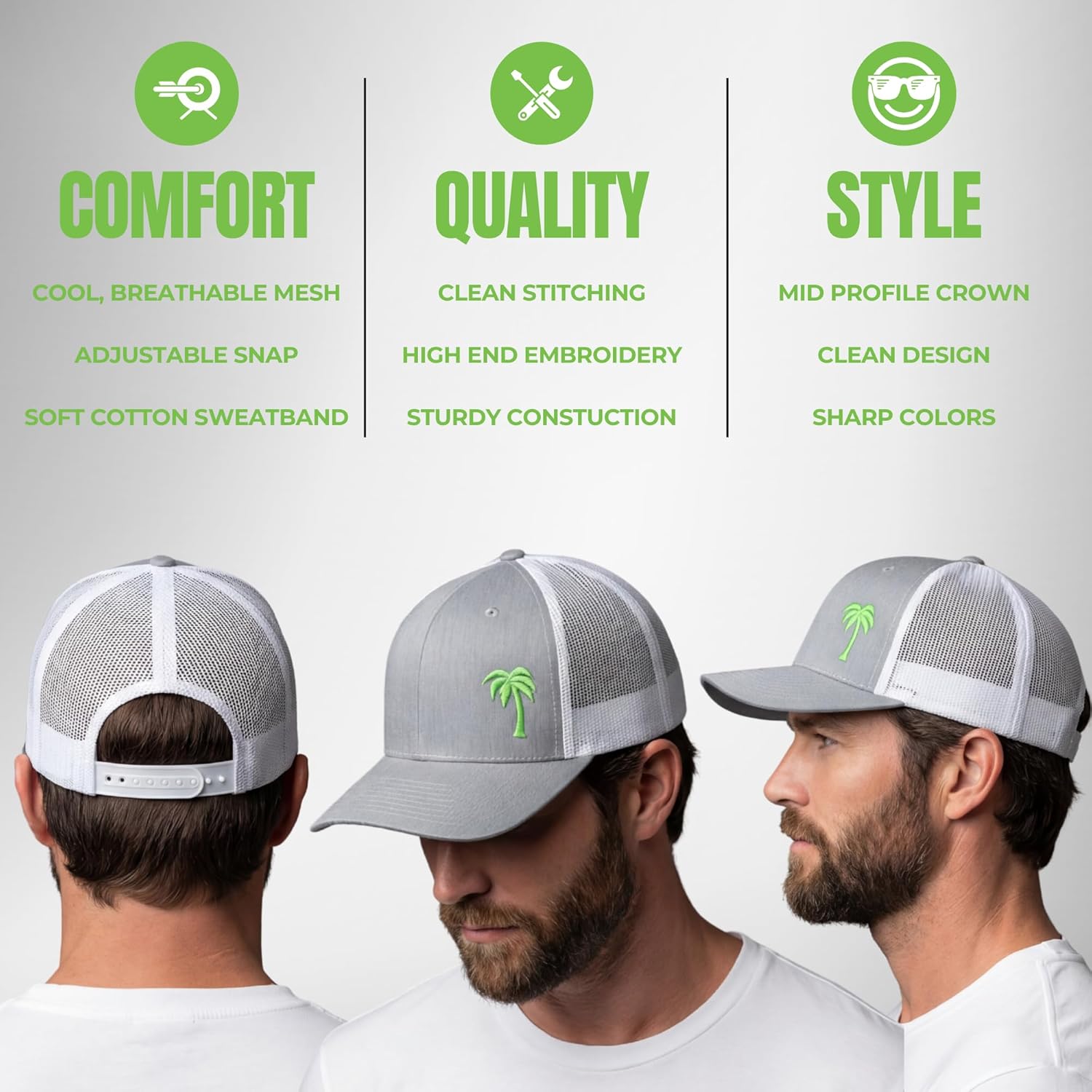 LINDO Trucker Hat [ Palm Tree Design ] for Men and Women: Mid Profile Cap with Breathable Mesh Back and Adjustable Snap