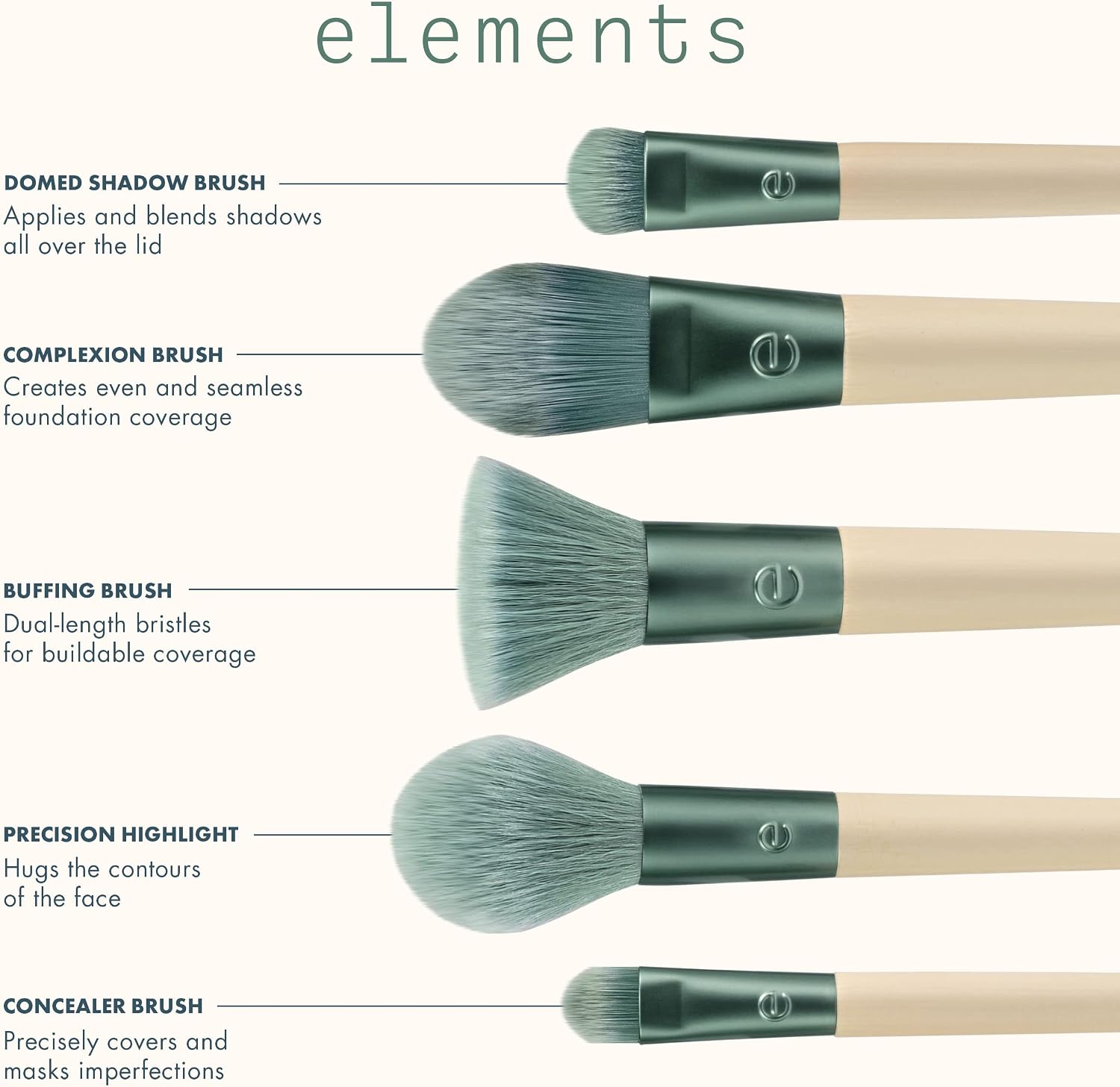 EcoTools Elements Limited Edition Super-Natural Face Makeup Brush Set, For Face, Cheek, and Eye Makeup, 5 Piece Set, Green - Image 5