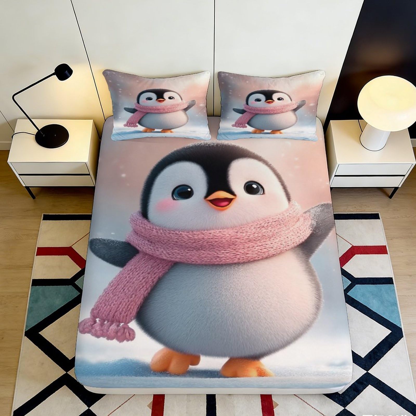 Pnayamiorkfel Style-3 3D Printed Cute Penguin Fitted Sheet Microfiber Soft Pink Cartoon Bed Cover For Bedroom Dorm Mattress Protection Decor 90X200x25cm