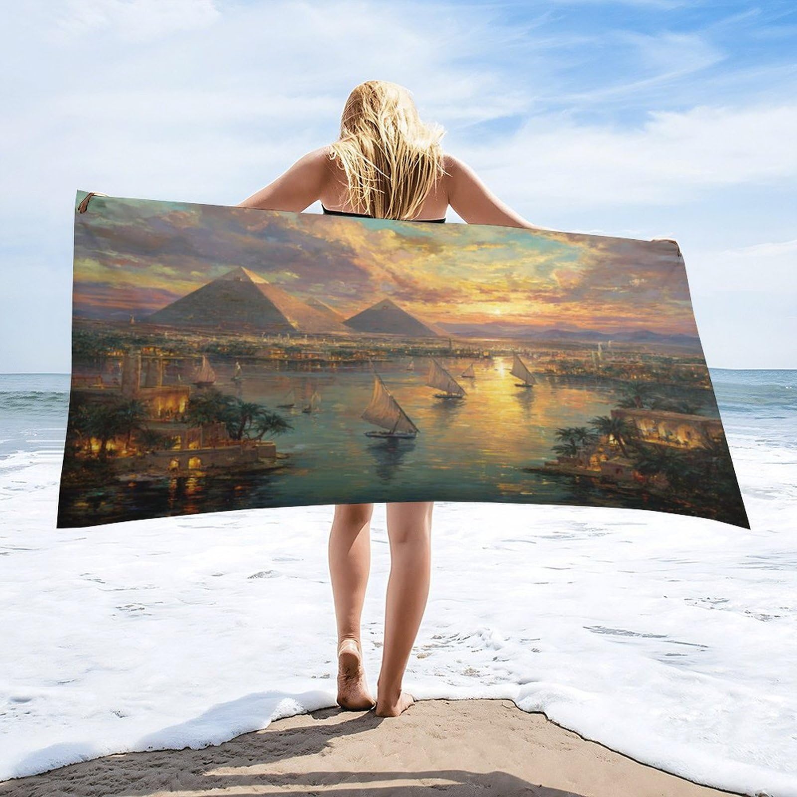 Luyysky Beautiful Classic Egyptian Pyramid Absorbent Beach Towel, Colorful Abstract Sunset Lanscape Tropical Plant Palm Trees Outdoor Single-Sided Velvet Beach Towel-80 W Cm X 160" L Cm