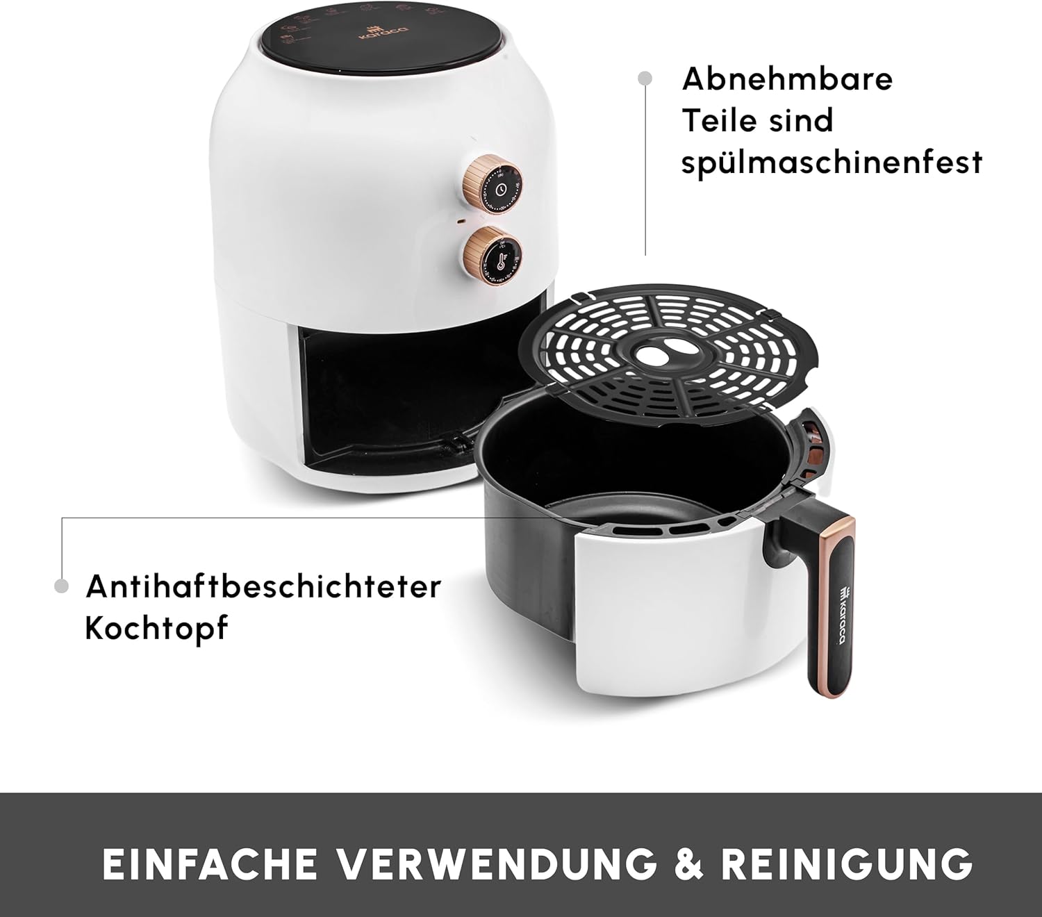 Air fryer with removable basket and non-stick pot separated, highlighting dishwasher-safe parts