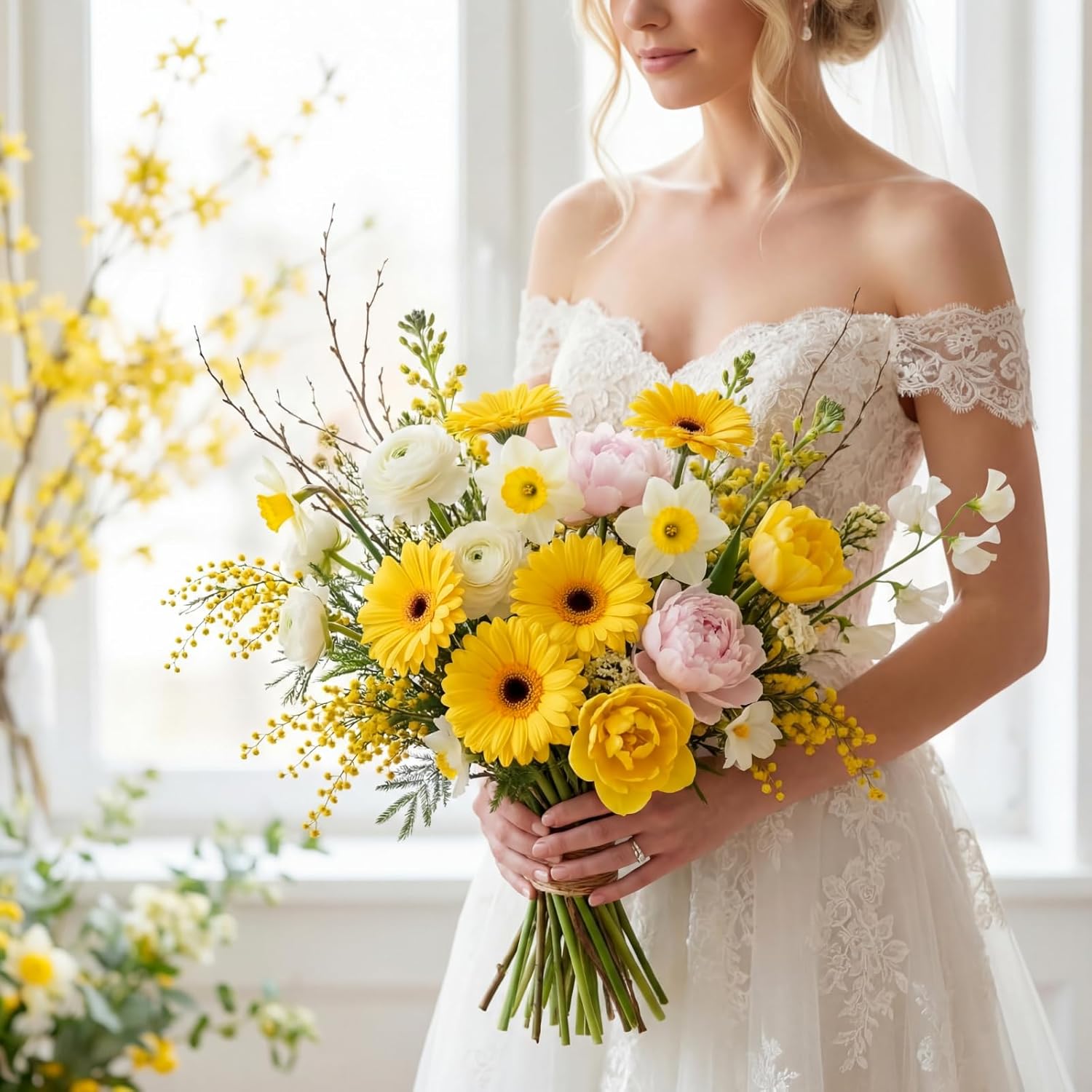 35 Pcs Artificial Gerbera Daisy Flowers with Bendable Stems 12 Inch PU Faux Gerbera Flowers Bouquet Fake Daisies for Wedding Home Party DIY Floral Arrangements(Yellow)