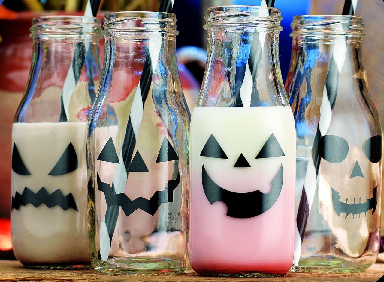 Halloween Set of 4 Clear Glass Old Fashioned Milk Bottles 12-oz - 4-pack Drink Cups with Striped Straws