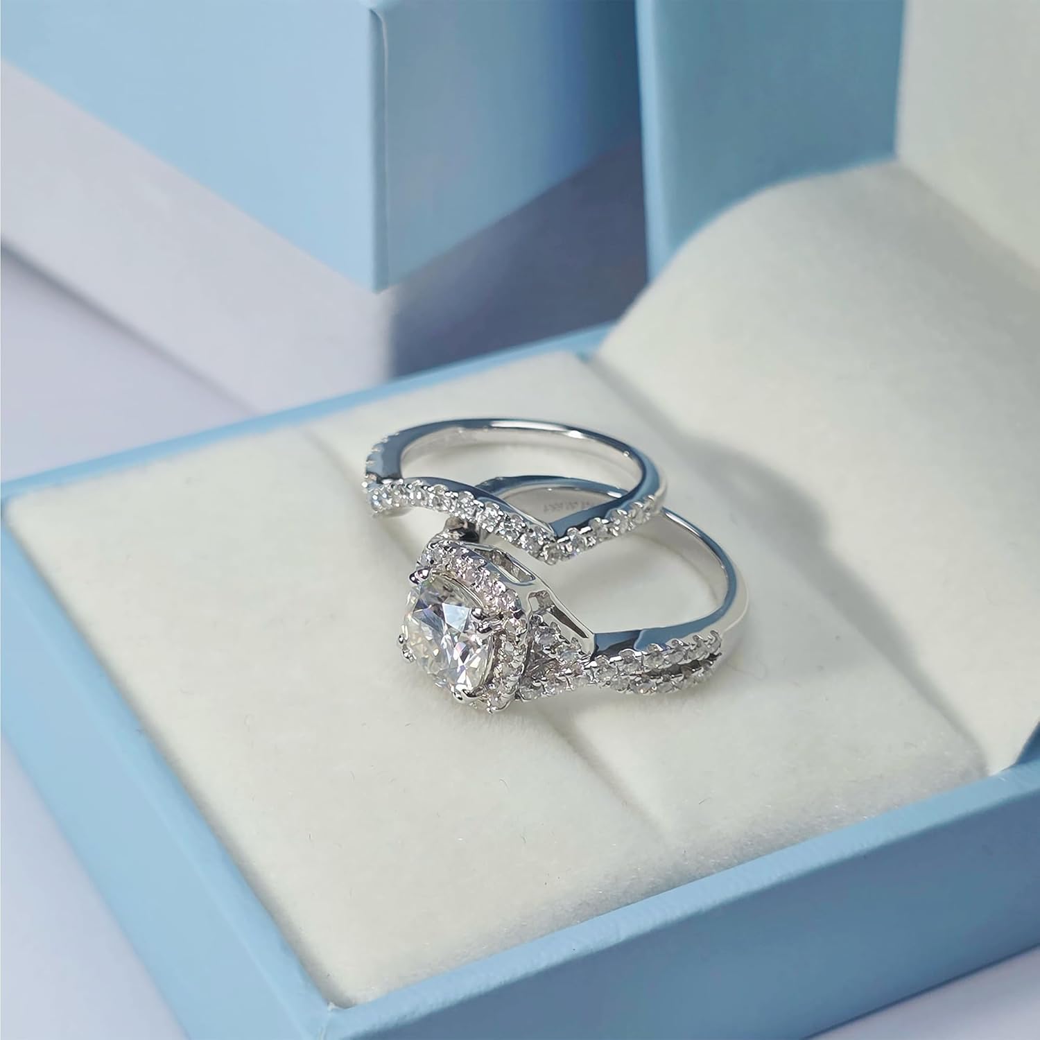 DovEggs Moissanite Wedding Ring Set 2 Pieces for Women 2ct 7.5X7.5mm F-G-H Color Cushion Cut Created Moissanite Halo Engagement Rings Sterling Silver with 18K White Gold Plated Ideal Gift for Her