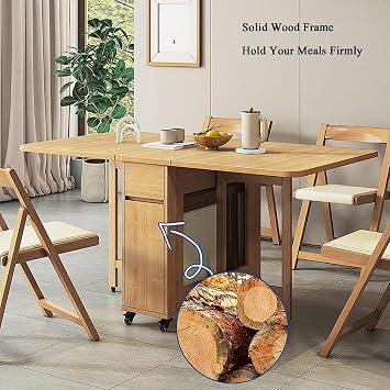 Folding Dining Table Set, Saving Space Extendable Drop Leaf Table, Movable Solid Wood Dinette Table with 4 Chairs and Wheels for Kitchen, Dining and Living Room,A,1.3m