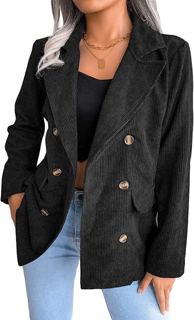 Amazon.com: Blazer casual de pana para mujer, solapa con doble abertura  frontal abierta, manga larga, chaqueta de trabajo y oficina : Ropa, Zapatos  y Joyería