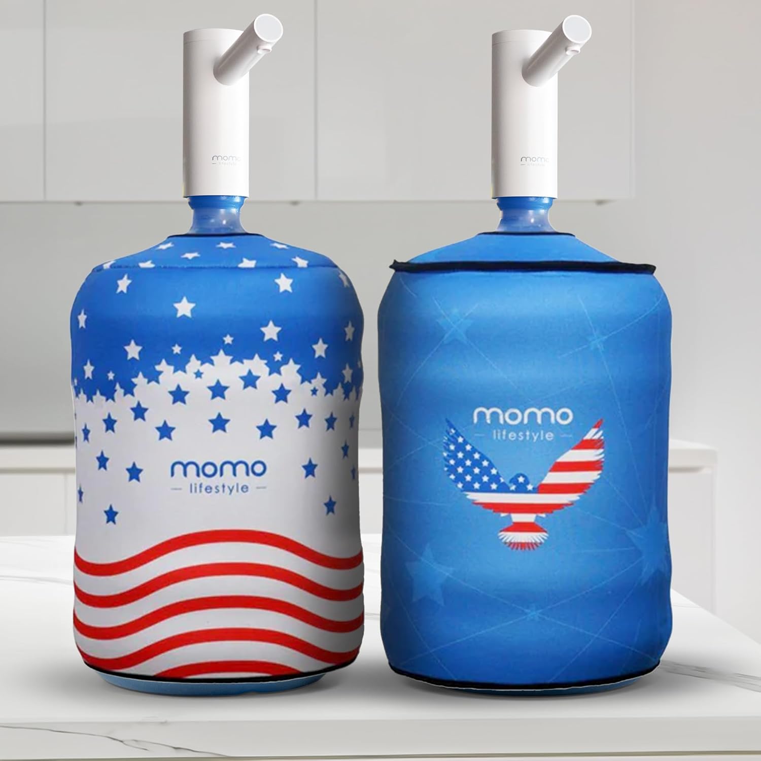 Momo Lifestyle 5 Gallon Water Jug Cover - Insulated Neoprene - Blocks UV Rays - Reversible Double Sided - Water Bottle Sleeve for 5 Gallon Water Dispenser Cover Accessory (Americana)