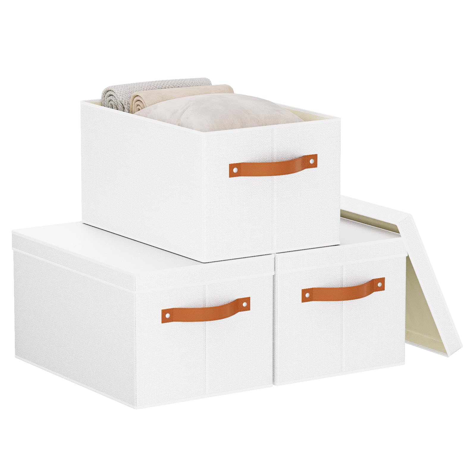 YheenLf 3 Piezas Caja de Almacenamiento con Tapa, Cestas Organizadoras Plegable con Manija, Cajas Almacenaje Decorativas para Organizar la Ropa, Toallas y otros Artículos, Blanco, 32×23×18 cm