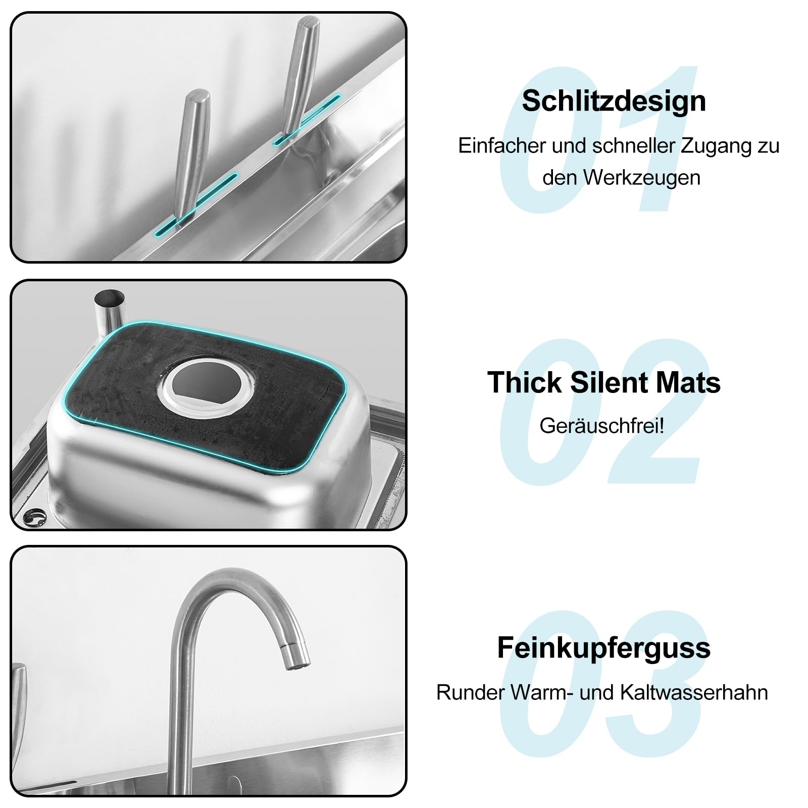 Évier sur pied en acier inoxydable avec 1 bac (gauche) 80 x 50 x 80 cm - Évier commercial avec conduite d'eau chaude et froide - Robinet et bonde - Pour extérieur, intérieur, cuisine, salle à