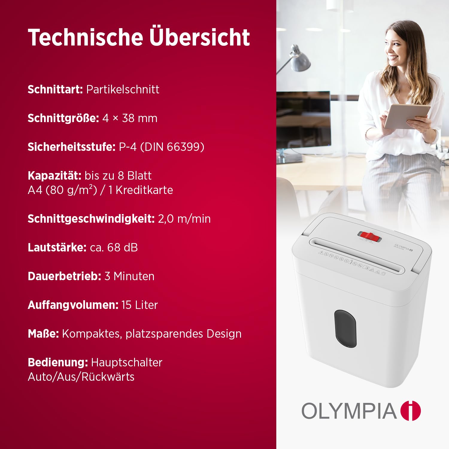 OLYMPIA PS 54 CC Pro Aktenvernichter | Papierschredder mit Partikelschnitt 4×38 mm | Schredder Aktenvernichter für Home Office | Shredder Papier 8-Blatt | Mit universal Aufsatz | Paper Shredder