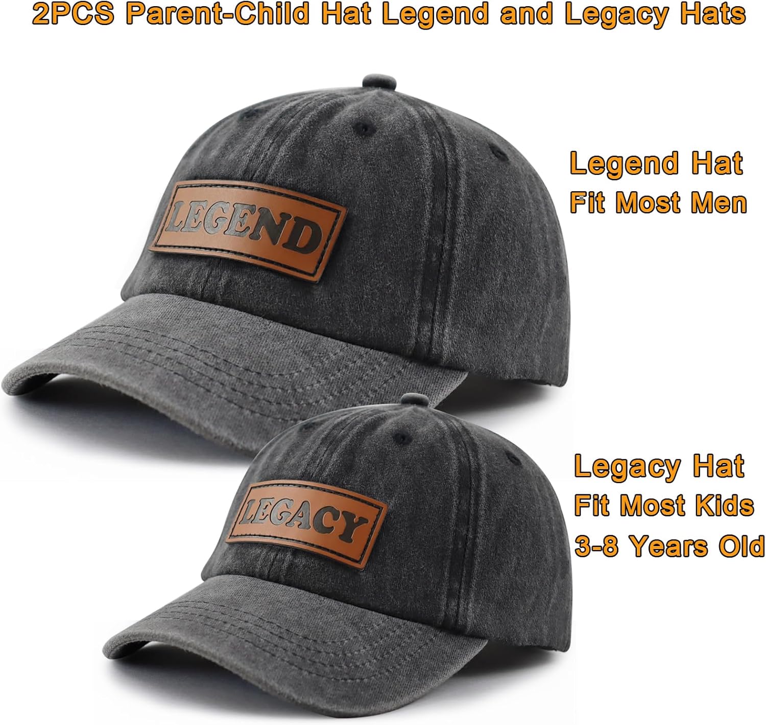 2PCS Legend and Legacy Baseball Cap for Dad Son, Adjustable Cotton Leather Patch Parent-Child Hat… - Image 3