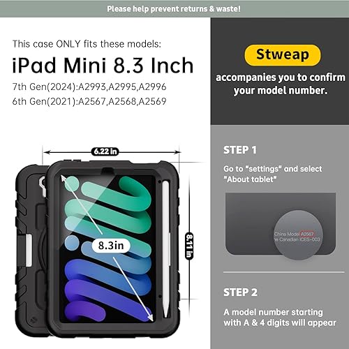 Miniatura 2 de Funda para iPad mini 7 A17 ProiPad mini 6 de 8.3 pulgadas, funda para iPad mini de 76 generación (20242021) con soporte para lápizsoporte, correa de