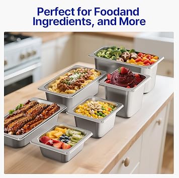 1/6 Hotel Pans 2 1/2 inch Deep Stainless Steel Steam Table Food Pan Commercial Metal Food Catering Tray Anti Jam for Hotel Restaurant Buffet Party Supplies(Set of 6)