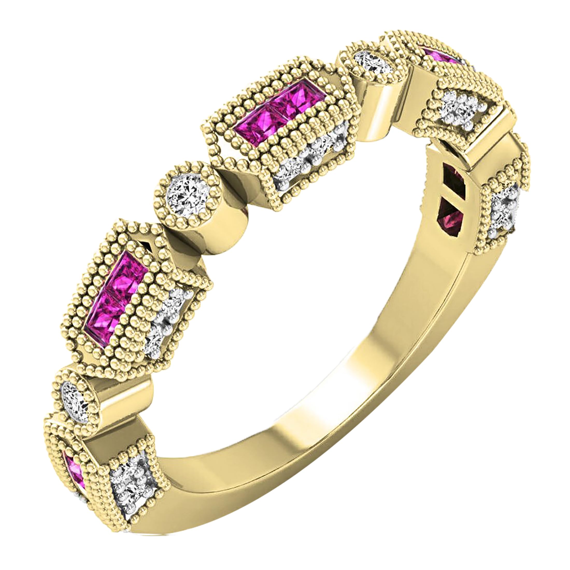 Dazzlingrock Collection Oro 14 K principessa zaffiro rosa e diamante bianco rotondo matrimonio Eternity anello impilabile, oro giallo, zaffiro, Oro giallo, Zaffiro