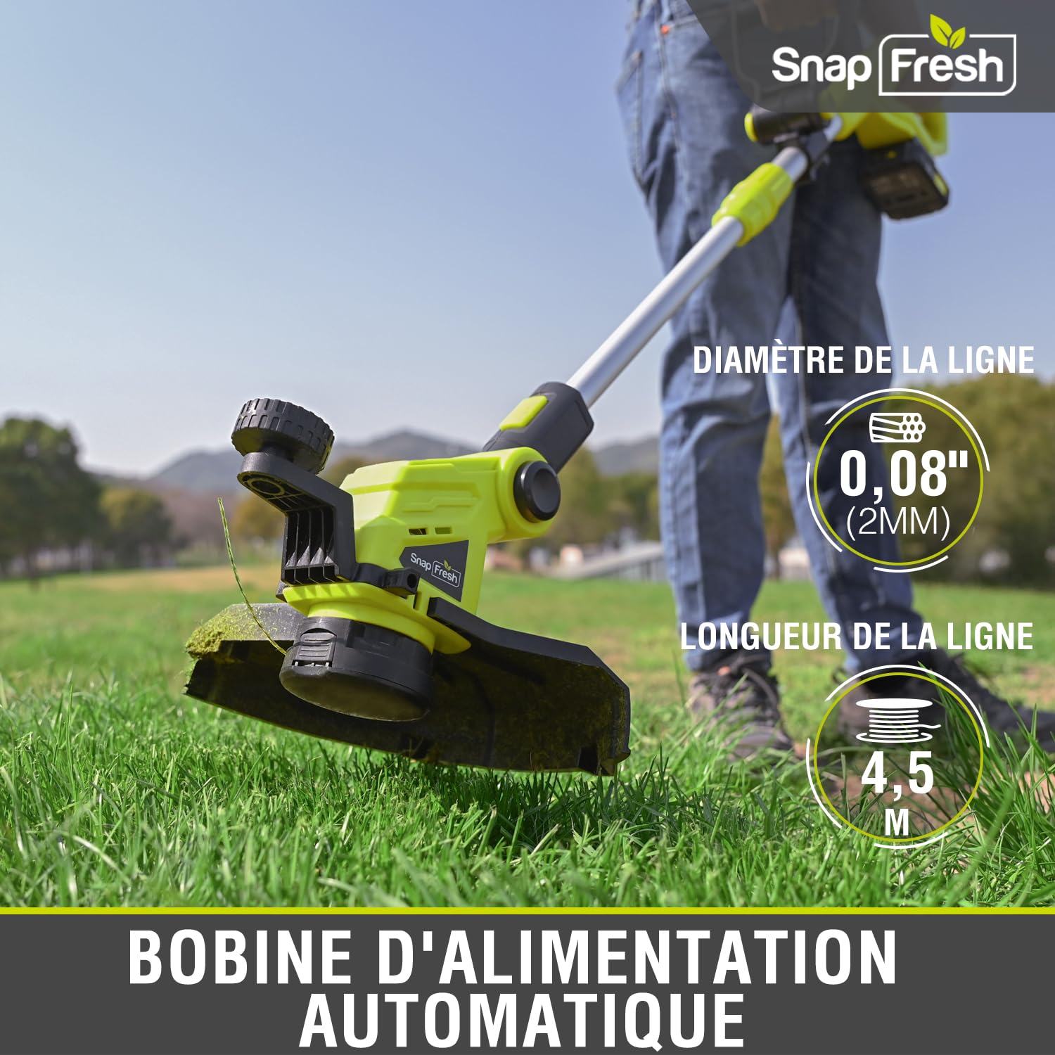SnapFresh Coupe-Bordures Taille Dresse-Bordures à Fil Diam. de Coupe 30,5 cm Électrique 20V Débroussailleuse sans Fil avec Batterie, 2 Bobines de Fil 2mm x 4,5m, Tube Télescopique, Poignée Réglable