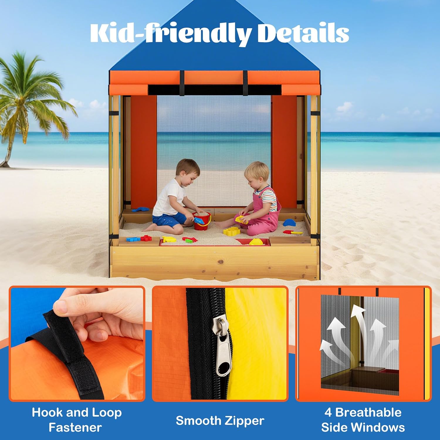 INFANS Kids Sandbox, Wooden Outdoor Sandbox with UV-Resistant Canopy Protection Bottom Liner, Children Sand Pit with 2 Removable Bins, Playhouse for Beach Backyard Gift for Boys Girls Aged 3+