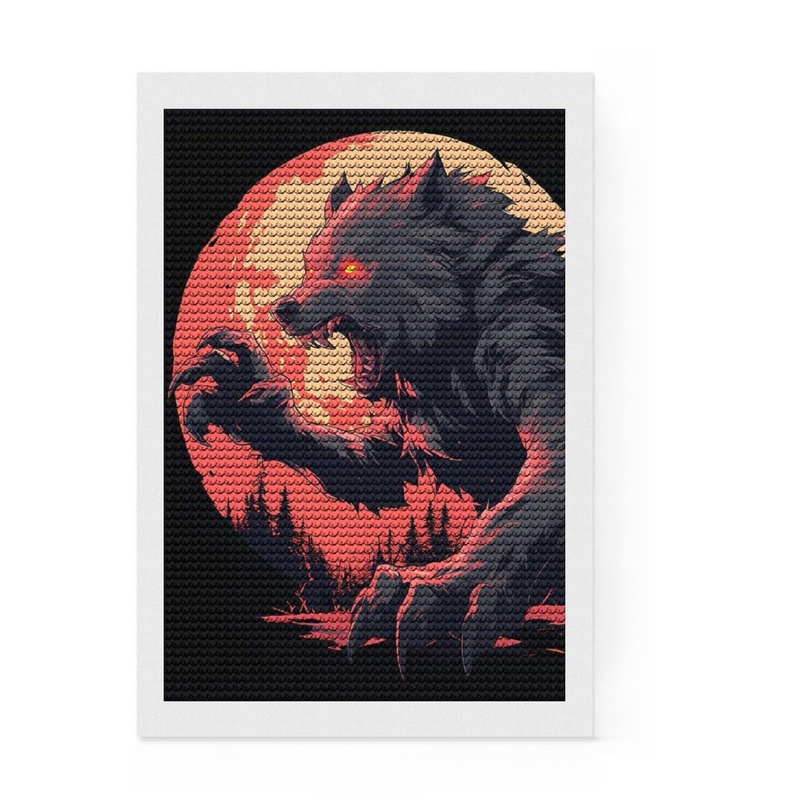 Junmoney Fearsome Werewolf Howling at The Moon Diamond Style Art Kit 8"x12", Winter Craft, Gift Idea, Farmhouse Decor, Thoughtful Present, Office Decor