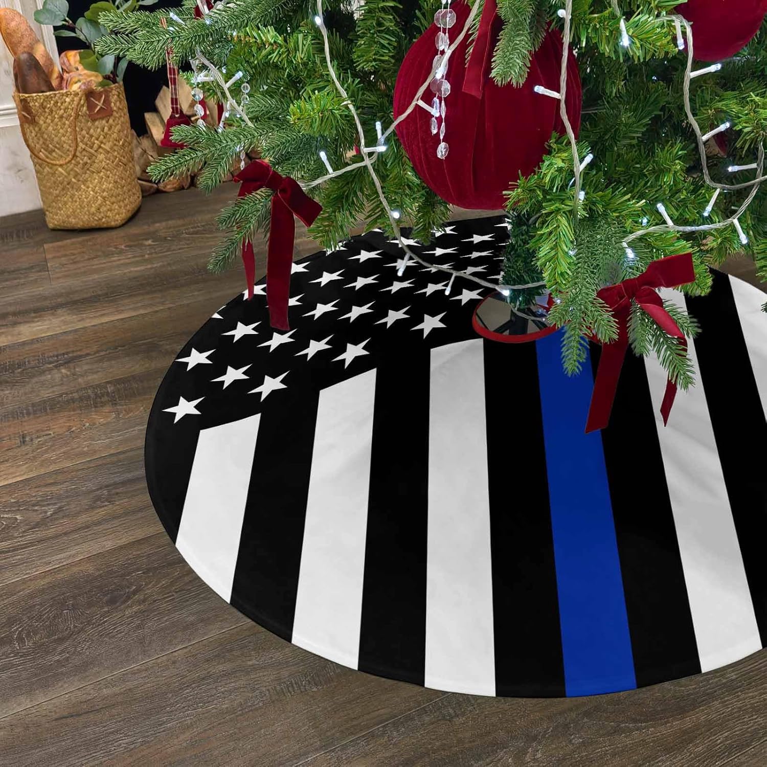USA Flag Thin Blue Line Star Christmas Tree Skirt,48 Inch Xmas Tree Ornaments America Law Enforcement Flags Large Round Trees Mat for Indoor Outdoor Holiday Party Decorations