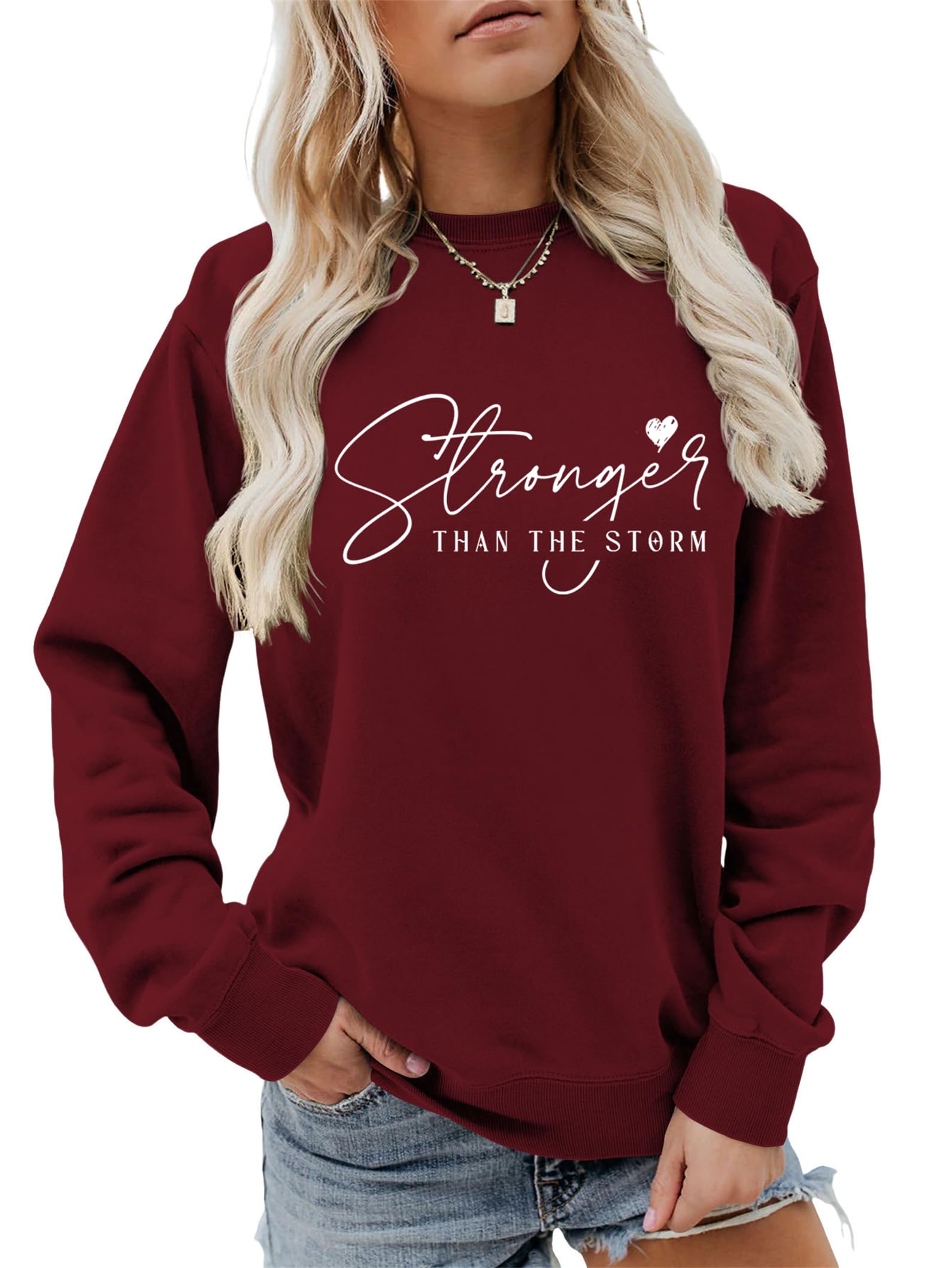 GOJEIOU Stronger Than The Storm Sweatshirts Womens Crew Neck Pullover Long Sleeve Inspirational Shirts Christian Tops