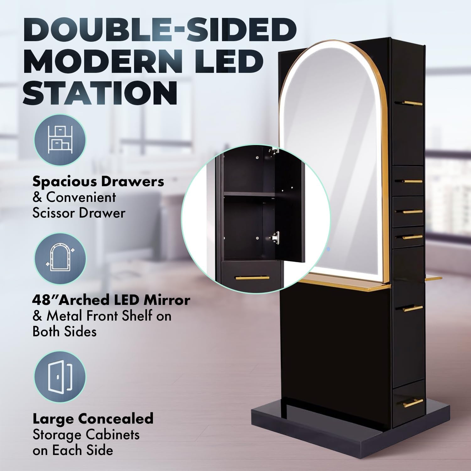 Milan Ultra Double-Sided LED Styling Station with Shelf for Professional Salons and Barbershops, Gold Frame and Shelf with Gold Handles, NIN-MDN-01-ULTRALED (Gloss Black)