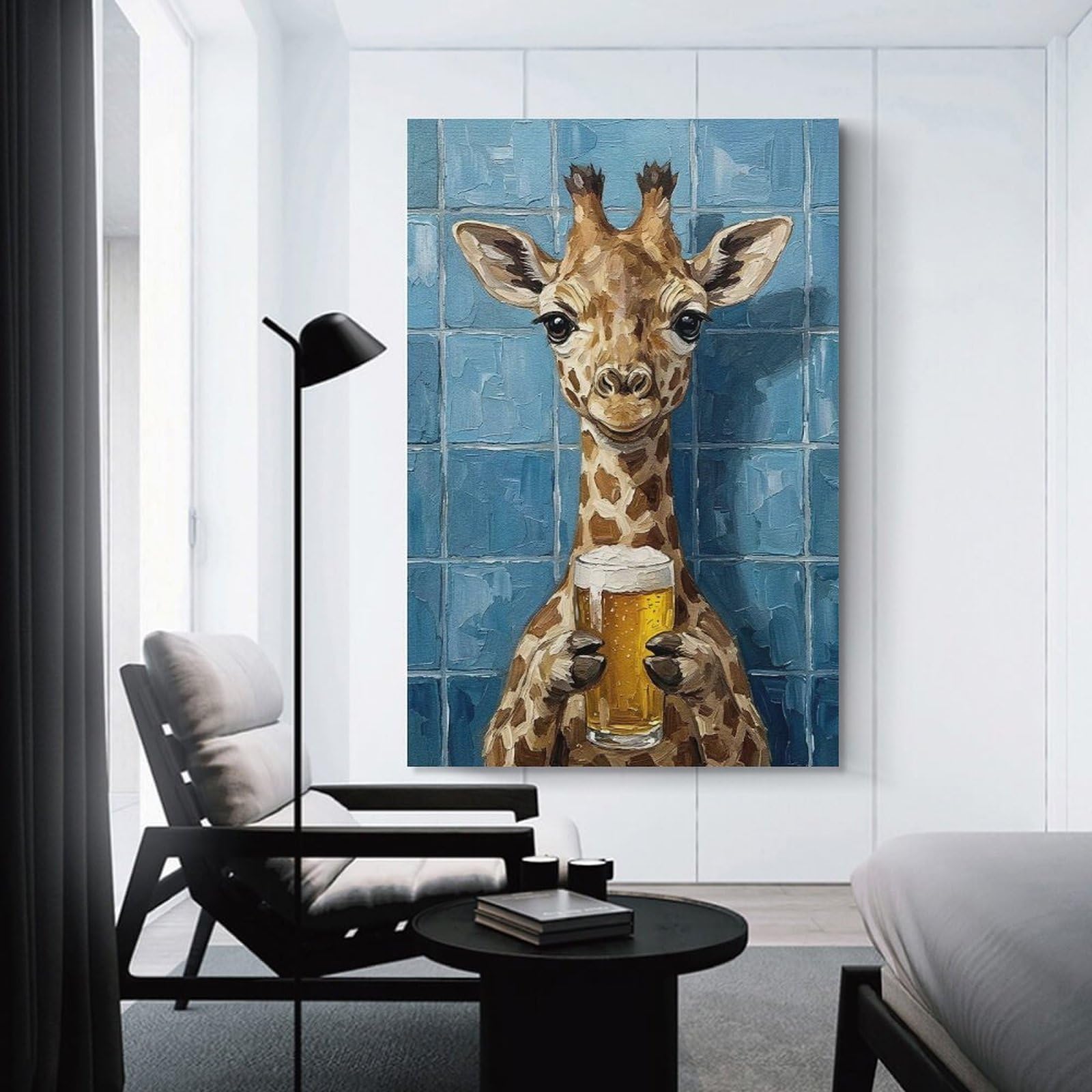 Junmoney Giraffe with Beer Painting Home Decor Wall Art, 20x30inch(50x75cm), for Apartment Walls, Studios Or Work Areas, Decorative Canvas Decor for Home Updates