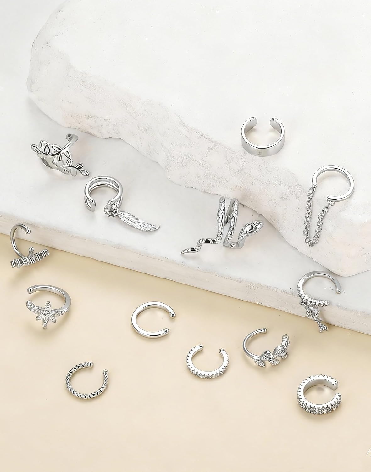16 Pcs Ear Cuff Earrings for Women Non Piercing Gold Silver Plated Ear Cuffs Non Pierced Snake Leaf CZ Star Feather Waterdrop Chain Ears Cuff Wrap Earring Clip on Cartilage Helix Fake Earrings Lightweight Adjustable