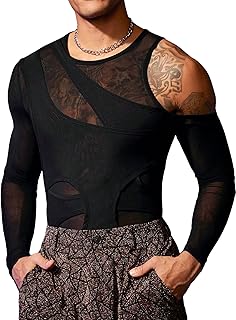 Men's Cut Out Cold Shoulder mesh Solid Round Neck Long Sleeve tee Shirts