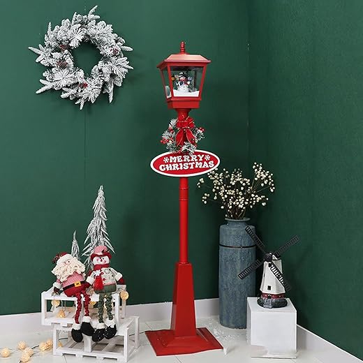 70.86-Inch Christmas Street Lamp Post with Santa & Snowman Indoor LED Lighted Lamppost Decor with Music & Drifting Snow Effect Holiday Decoration for Home Mall Party(Red (Snowman))