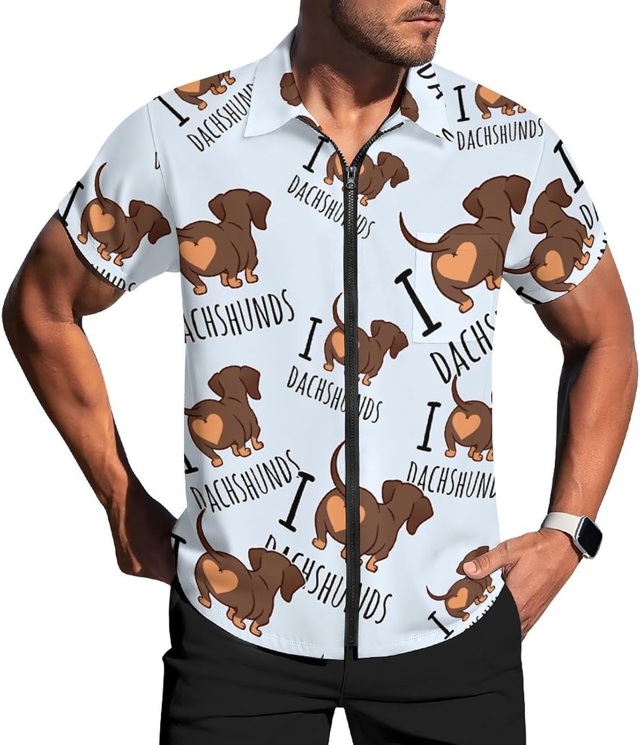 Cute Dachshund Dog Men's Short Sleeve Shirt Zip-Up Golf Polo Shirts with Pocket