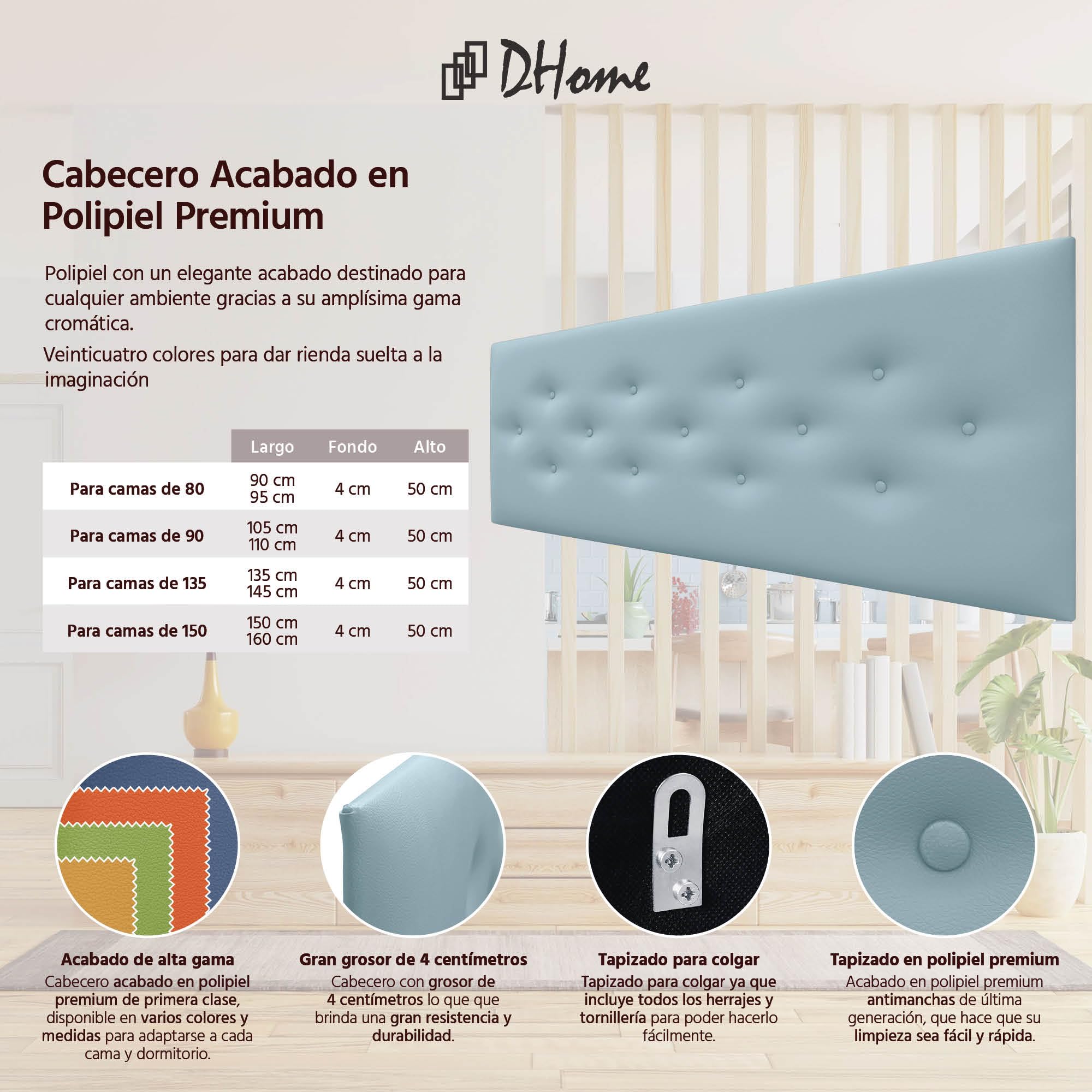 DHOME Cabecero de Polipiel o Tela ACUALINE con 3 Hileras Intercaladas de Botones Cabezal Tapizado Cama Lujo (Polipiel Celeste, 135cm)