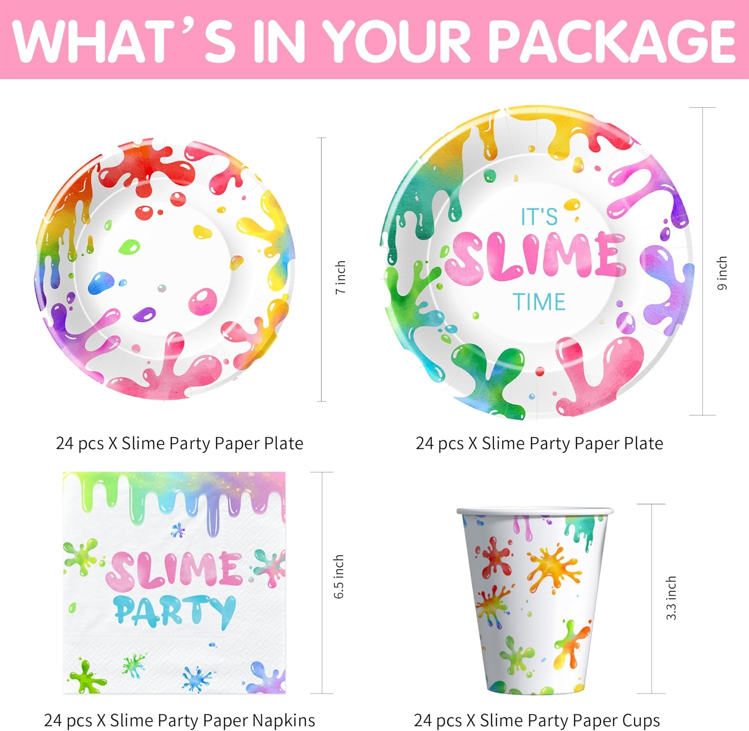 Xigejob Slime Birthday Party Decorations Tableware - Splatter Splash Colorful Theme Pink Slime Party Supplies Dinnerware, Paper Plate, Cup, Napkin, Tablecloth, Cutlery | Serves 24