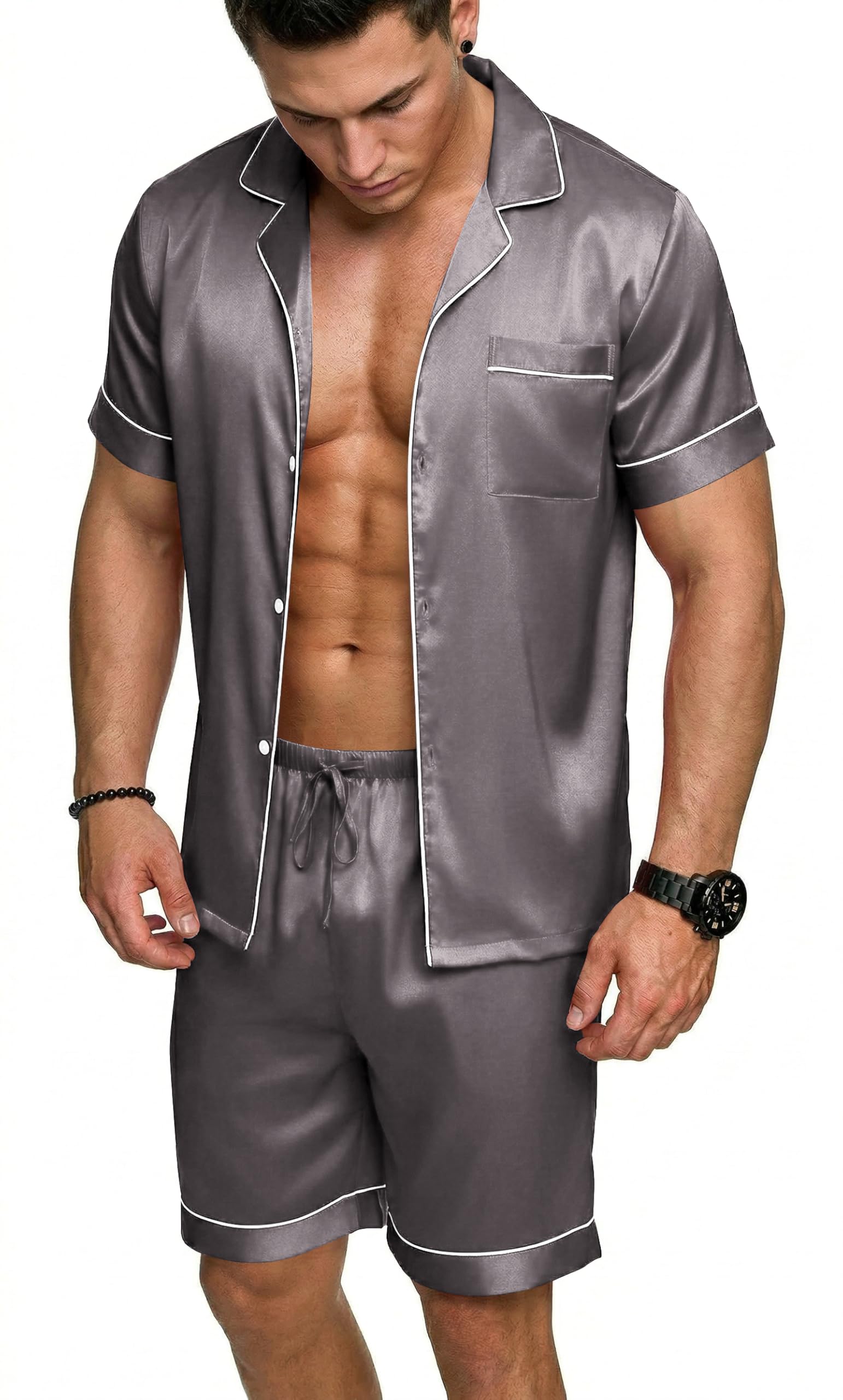Ekouaer Mens Silk Satin Pajamas Set, Short Sleeve Sleepwear Lightweight Button Up Lounge Pjs Set with Pockets S-4XL — view 9