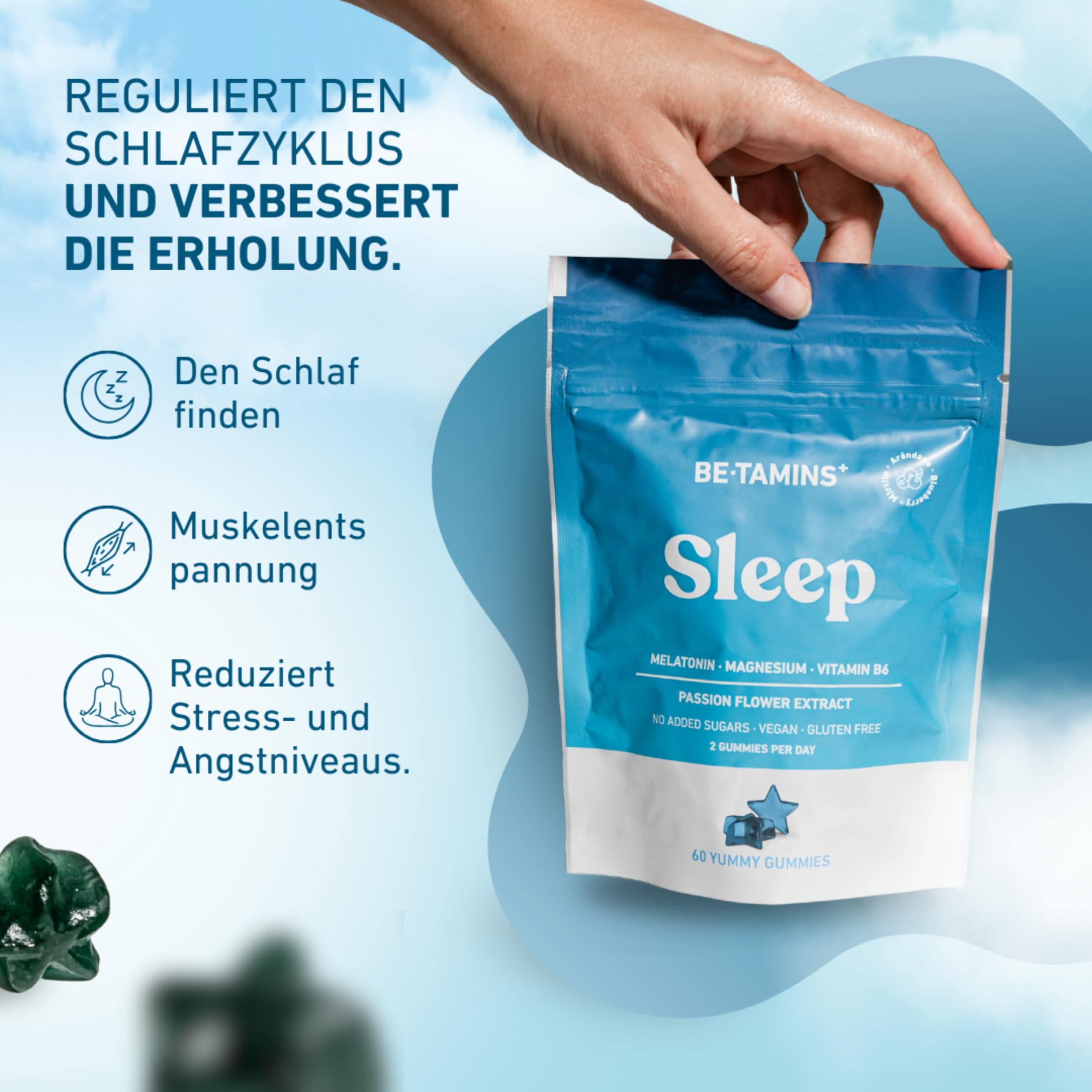 Melatonin Gummies für einen guten Schlaf – Zuckerfrei Vegan Erwachsene und Melatonin Kinder Sleep Gummies für Reduziert Schlaflosigkeit - Melatonin + Vitamin B6 + Magnesium + Passionsblume 60u