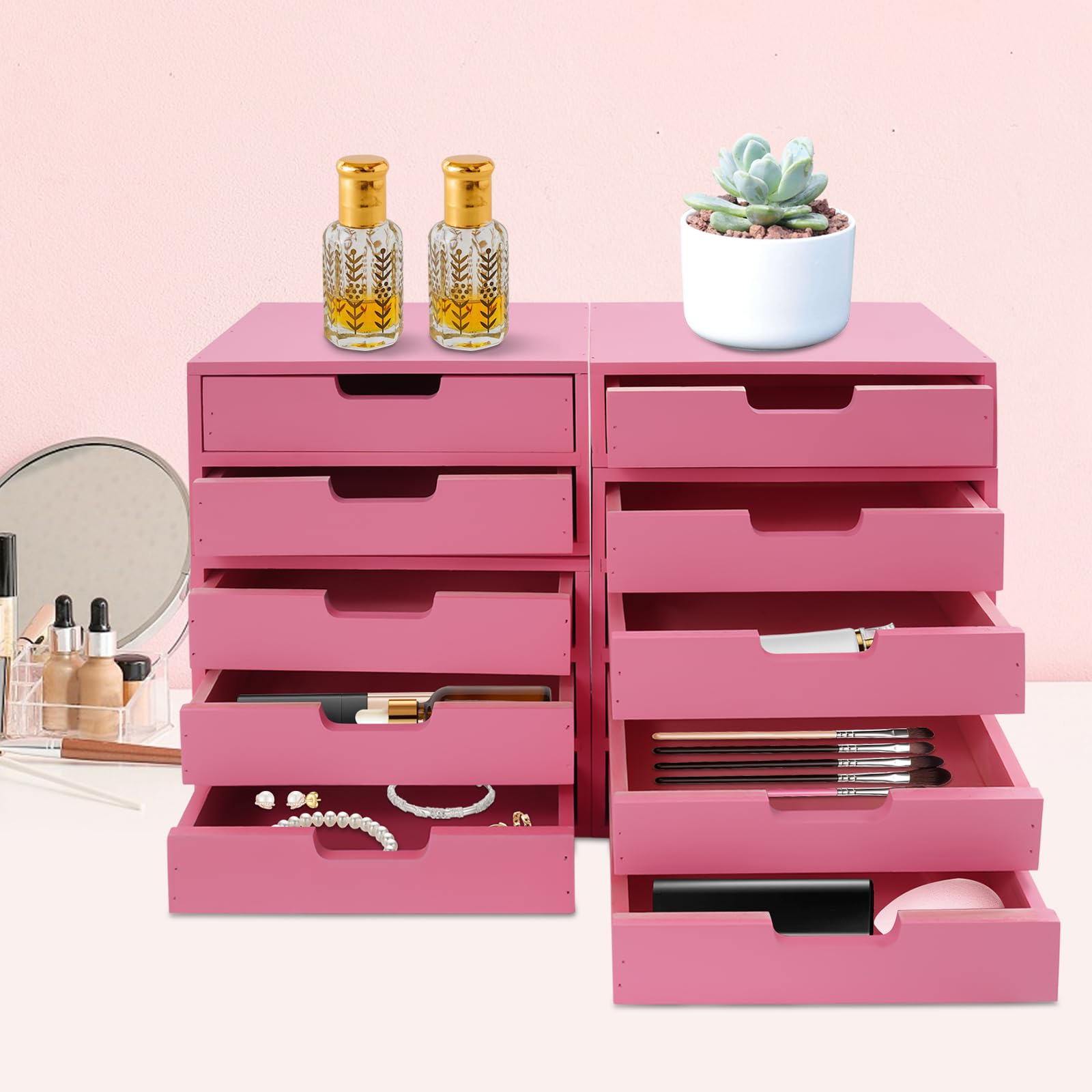 banborba Wooden Desk Organizer, 4Pcs Vintage Tabletop Storage Box with 10 Drawers, Stackable Craft Storage Drawers, Multilevel Apothecary Cabinet, Home Office Filing Cabinet, Rustic Tool Box, Pink