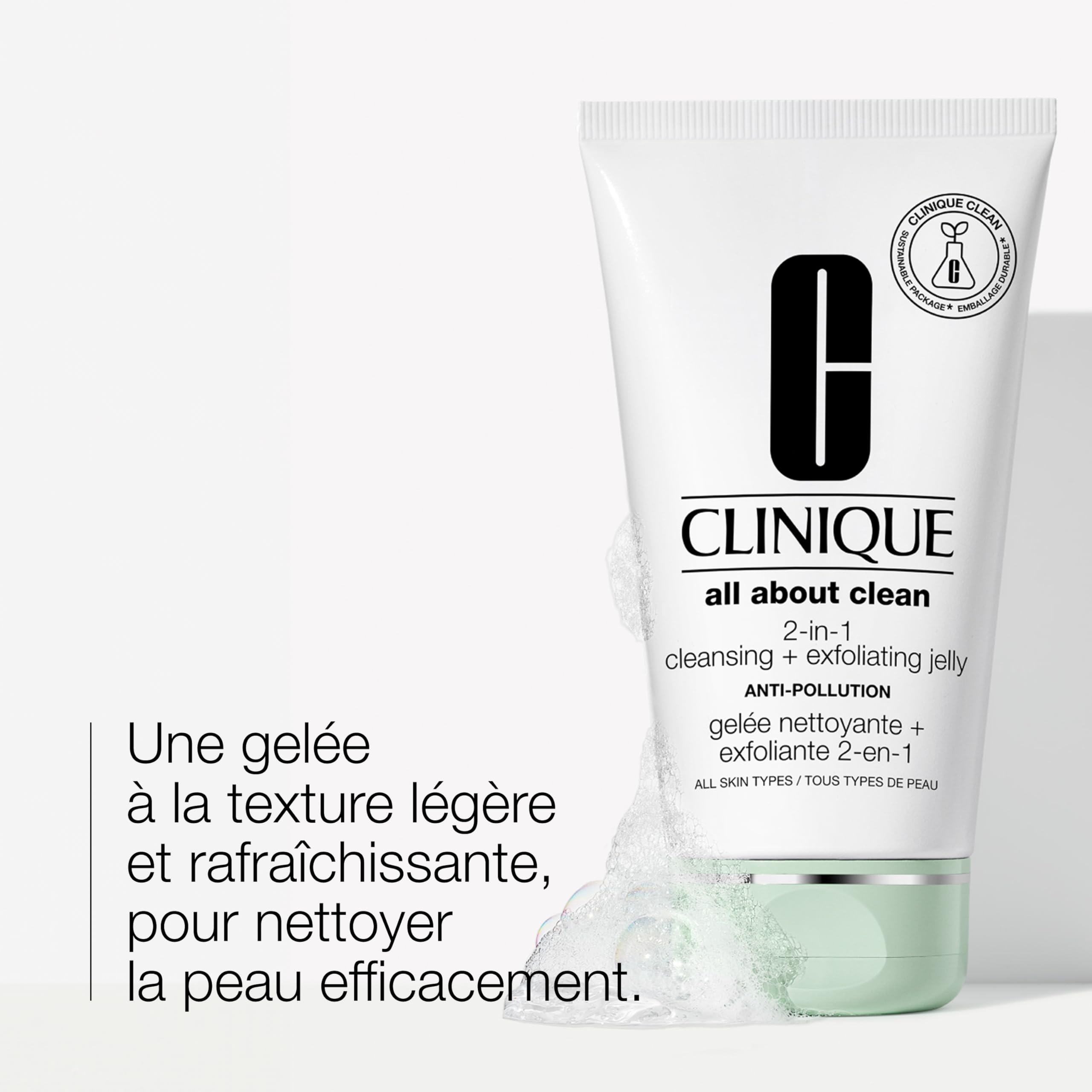 Clinique All About Clean Gelée Nettoyante + Exfoliante 2-en-1, Nettoyant & Gommage Visage à l'Acide Salicylique Tous Types de Peaux, 150 ml