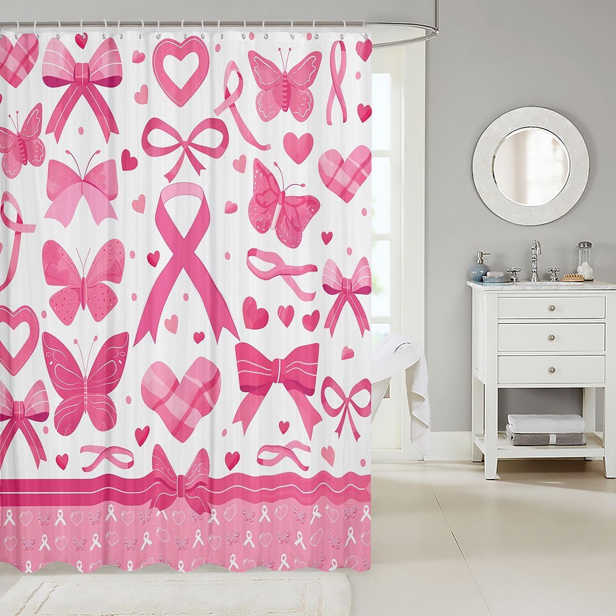 jejeloiu Breast Cancer Awareness Party Supplies Shower Curtain for Bathroom Decor Ribbon Bath Curtain Breast Cancer Survivor Gifts for Women Bathroom Accessories Baby Pink with 12 Hooks 72"x72" image 2