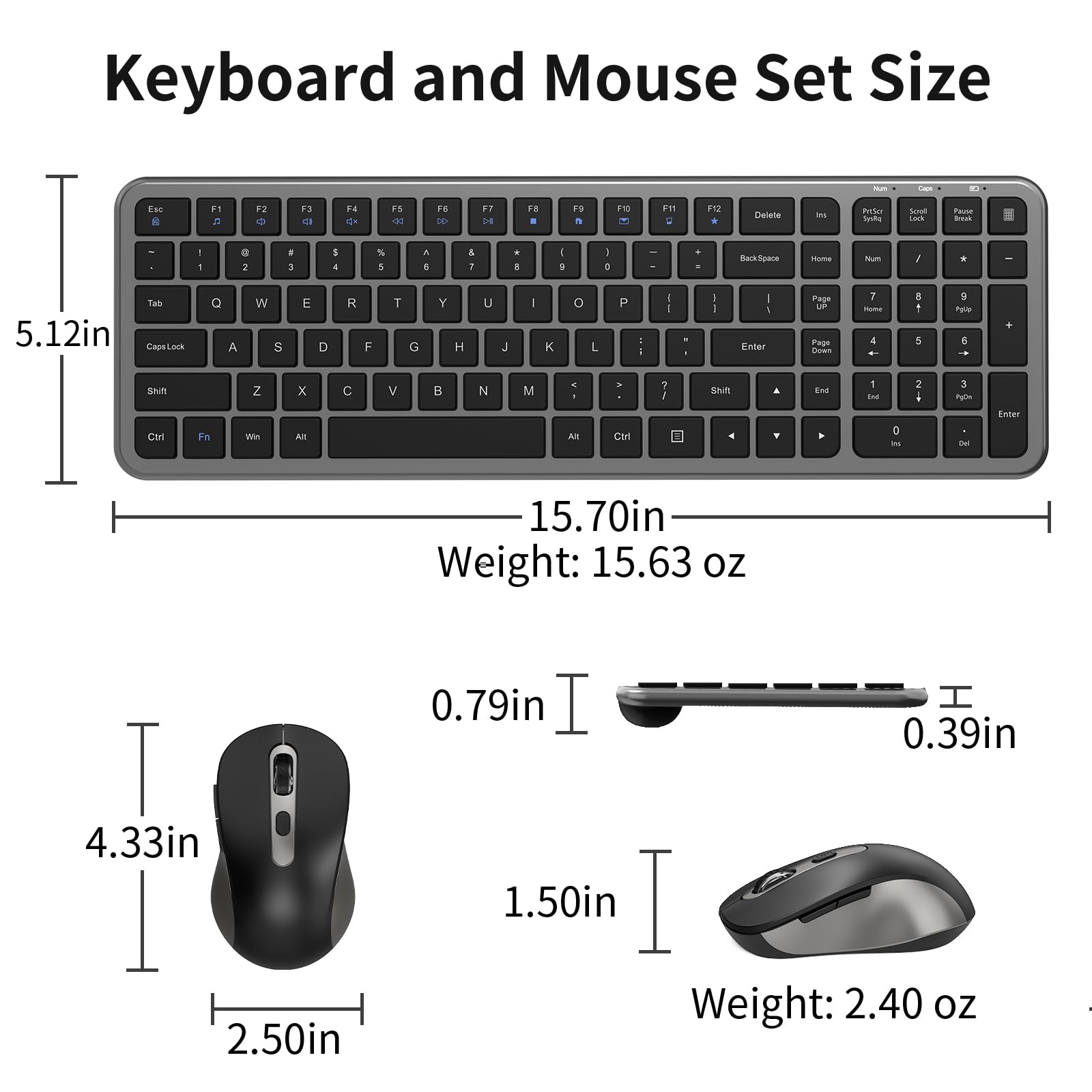 Leise Tastatur und Maus, kabellose Computertastatur in voller Größe mit Taschenrechner-Taste, 2400 DPI Maus, leises Klicken, ultradünnes kabelloses USB-Kit für Laptops, Windows, Mac, Grau