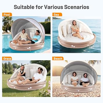 COSTWAY Inflatable Pool Float, Floating Island with Detachable Canopy, 3 Pillows, Giant Tanning Pool Lounger for 2-3 Person, 186 x 186 x 155 cm